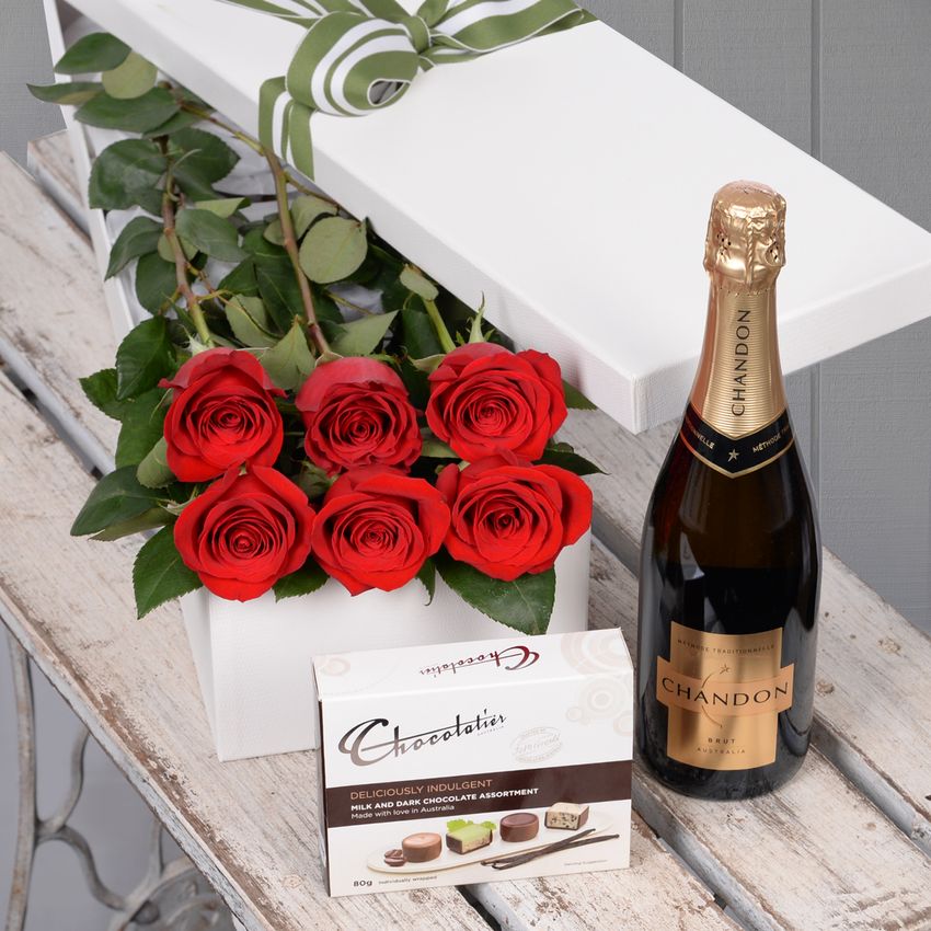 6 Red Roses with Chocs & Chandon