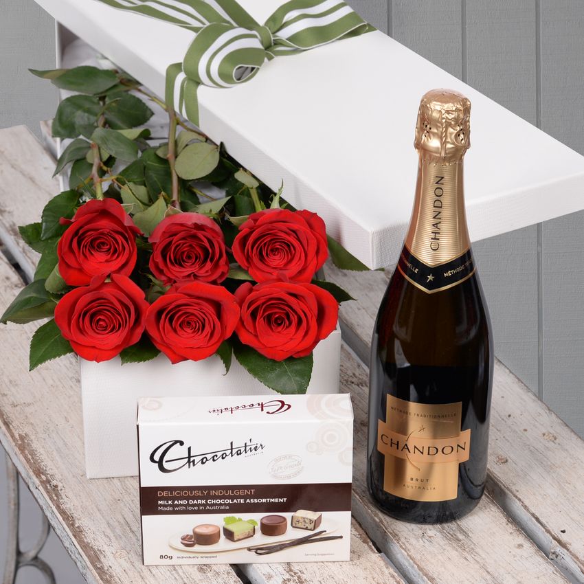 6 Red Roses with Chocs & Chandon