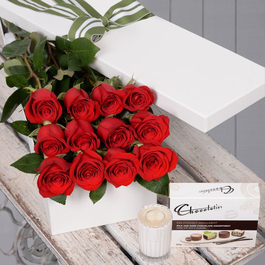 12 Red Roses with Chocs & Candle