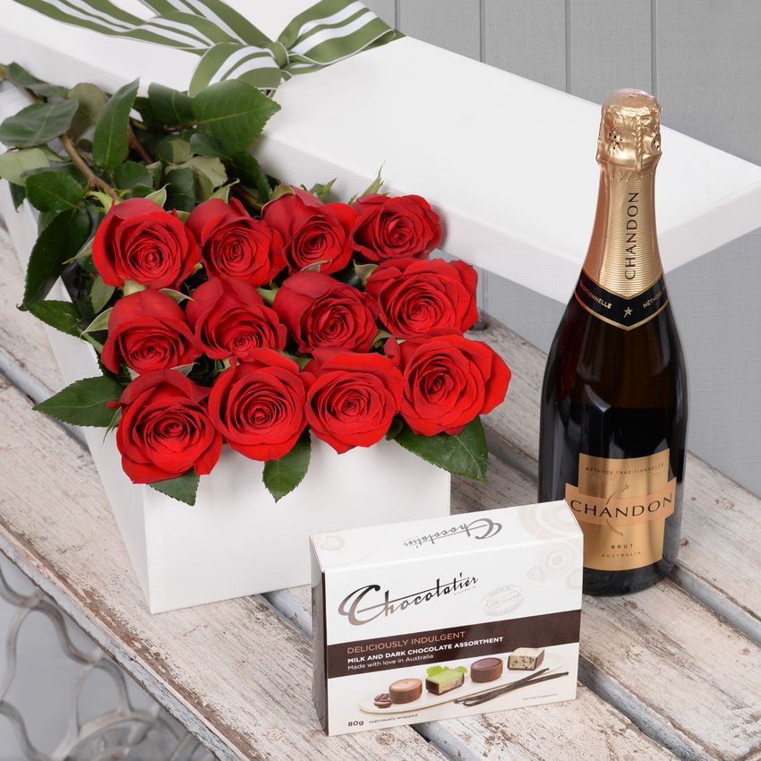 12 Red Roses with Chocs & Chandon
