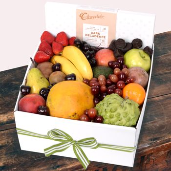 Deluxe Fruit Box with Dark Chocs Flowers