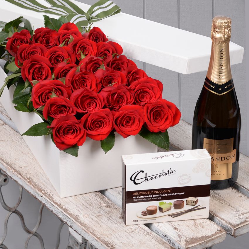 24 Red Roses with Chocs & Chandon